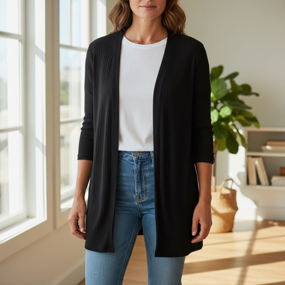 ✔️ Mo-Ka Classic Black Ribbed Duster with 3/4 Length Sleeves